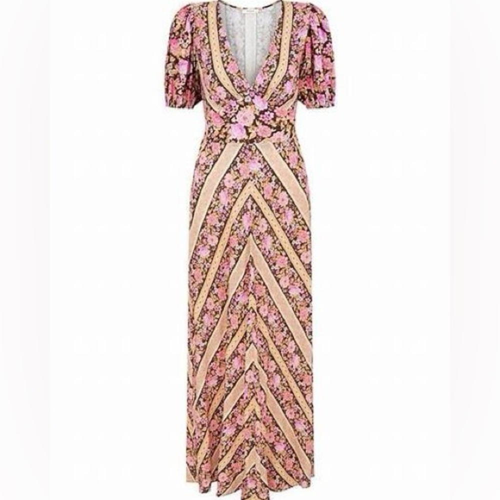 Spell Floral Boho Maxi Dress Pink Puff Sleeve Deep V Midi Small